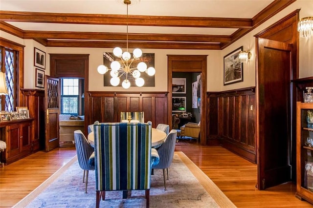 dining room with beam ceiling, a notable chandelier, wainscoting, and wood finished floors