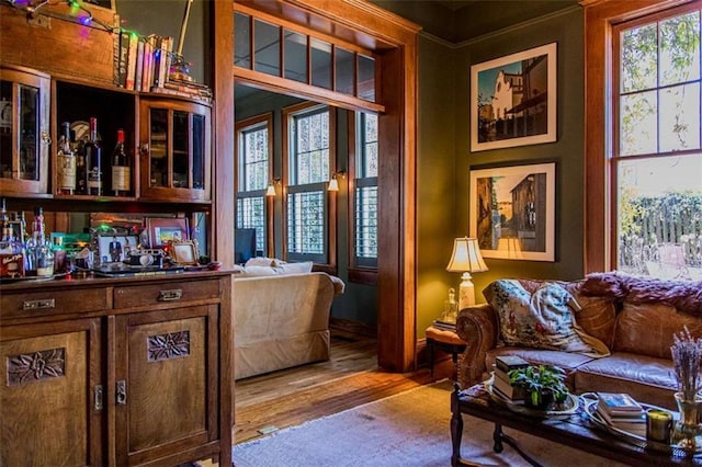 interior space featuring a bar and wood finished floors