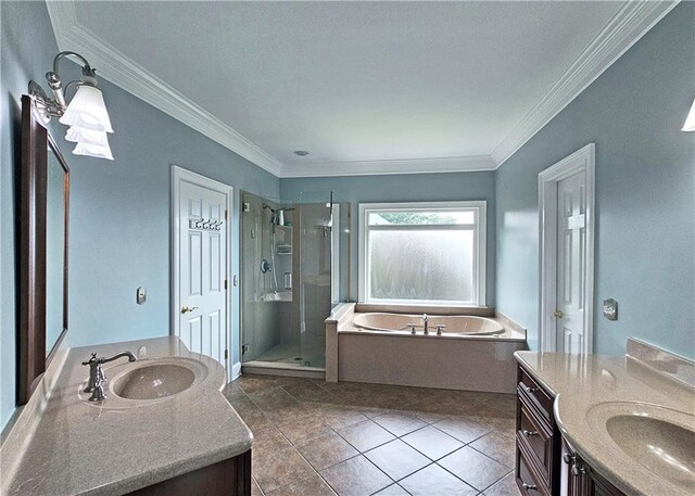 215 Settindown Ct, Roswell, GA 30075 - bathroom with two vanities, a shower stall, a bath, crown molding, and tile patterned floors