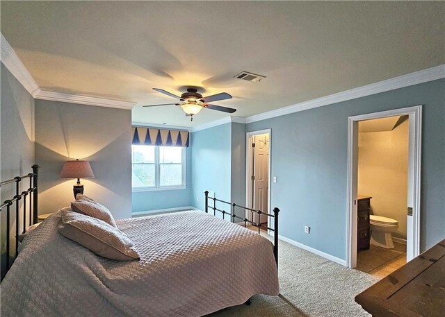 215 Settindown Ct, Roswell, GA 30075 - bedroom featuring crown molding, carpet floors, connected bathroom, and a ceiling fan