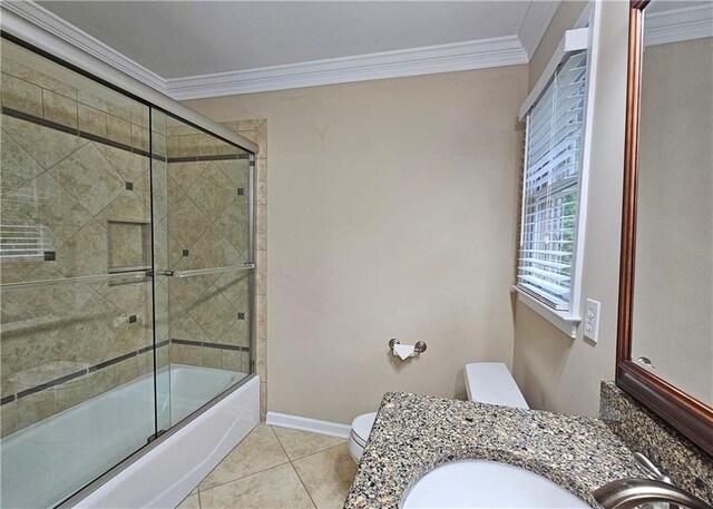215 Settindown Ct, Roswell, GA 30075 - full bath with vanity, crown molding, bath / shower combo with glass door, and tile patterned floors