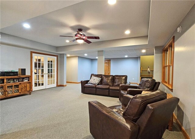 215 Settindown Ct, Roswell, GA 30075 - living room with french doors, carpet, recessed lighting, a ceiling fan, and a tray ceiling
