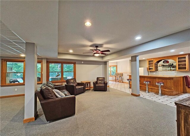 215 Settindown Ct, Roswell, GA 30075 - living area with carpet floors, recessed lighting, bar area, and ceiling fan