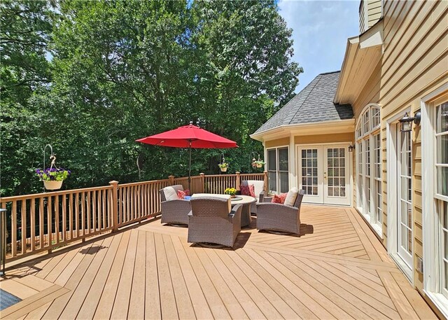 215 Settindown Ct, Roswell, GA 30075 - wooden terrace featuring french doors and an outdoor hangout area