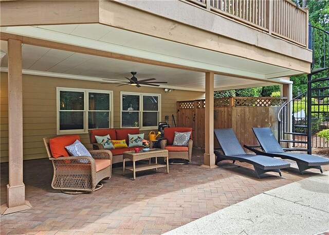 215 Settindown Ct, Roswell, GA 30075 - view of patio / terrace with ceiling fan, an outdoor hangout area, and stairs