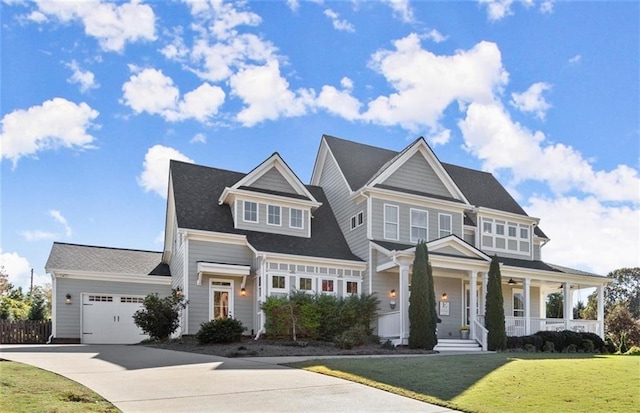 view of front of house featuring concrete driveway, a porch, an attached garage, and a front yard