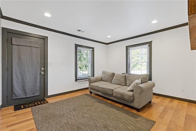 living room featuring light hardwood / wood-style floors and crown molding