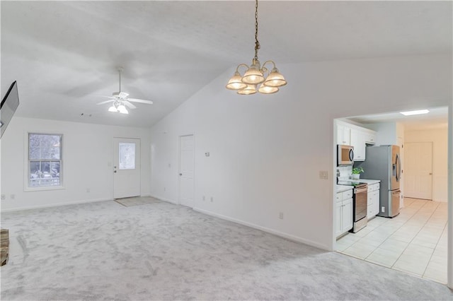 unfurnished living room featuring light carpet, ceiling fan with notable chandelier, baseboards, and lofted ceiling