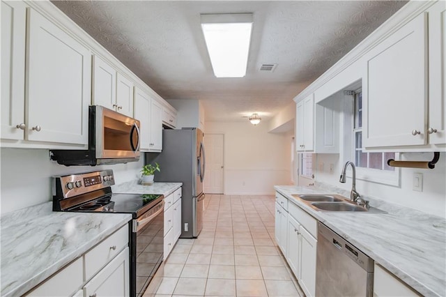 kitchen featuring stainless steel appliances, a sink, visible vents, and white cabinetry