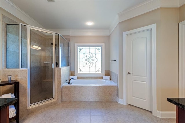 full bath with tile patterned flooring, a stall shower, a garden tub, and ornamental molding