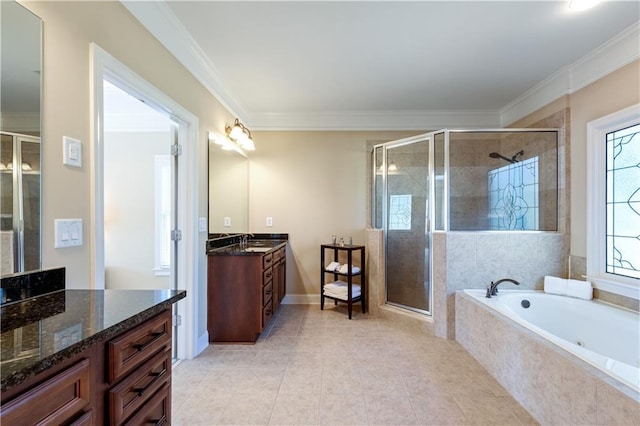 full bathroom featuring vanity, a stall shower, ornamental molding, tile patterned floors, and a bath