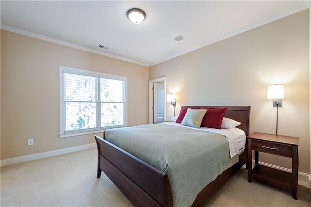 bedroom with visible vents, baseboards, light colored carpet, and crown molding