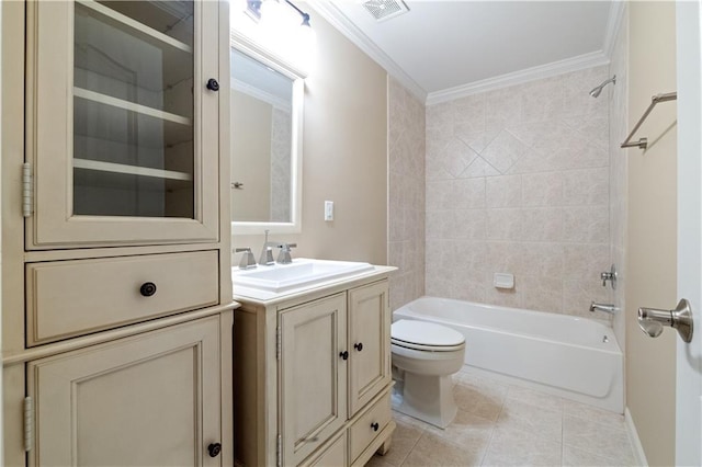 bathroom with vanity, visible vents, ornamental molding, tile patterned flooring, and toilet