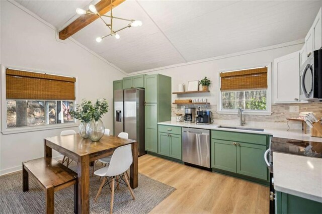 101 Evening Shade, Clayton, GA 30525 - kitchen with green cabinets, vaulted ceiling with beams, appliances with stainless steel finishes, and a sink