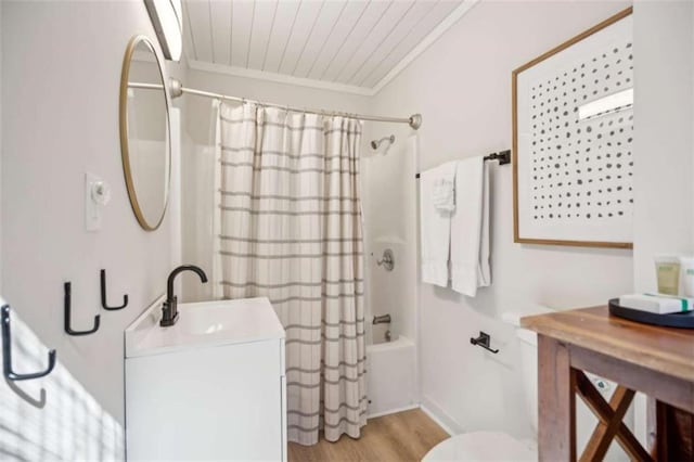 101 Evening Shade, Clayton, GA 30525 - full bathroom with vanity, ornamental molding, wooden ceiling, shower / bath combination with curtain, and wood finished floors