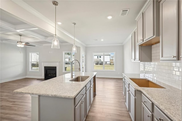 kitchen featuring tasteful backsplash, gray cabinets, an island with sink, light hardwood / wood-style floors, and sink