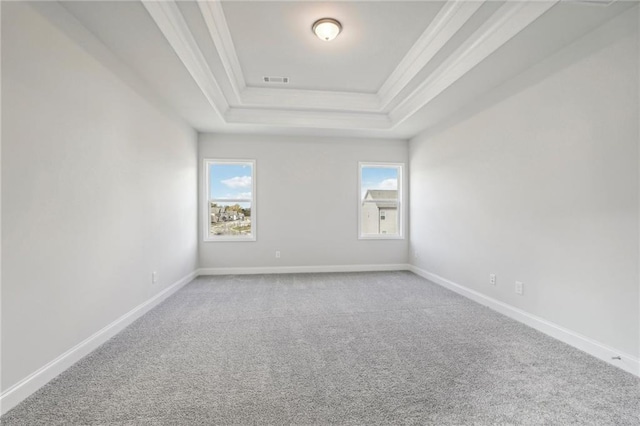 carpeted empty room with a raised ceiling and ornamental molding