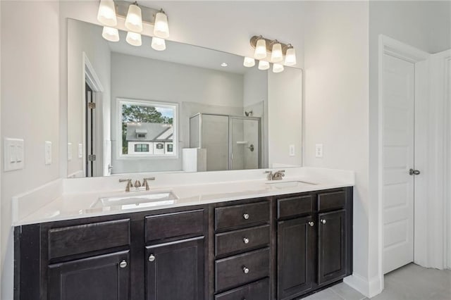 bathroom featuring vanity, walk in shower, and tile patterned floors