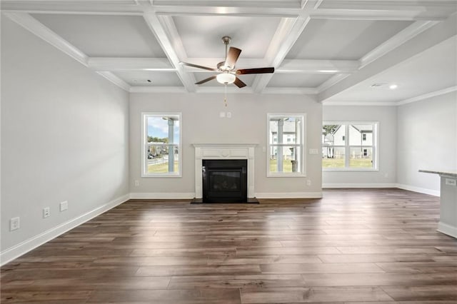 unfurnished living room featuring dark hardwood / wood-style floors, coffered ceiling, and plenty of natural light