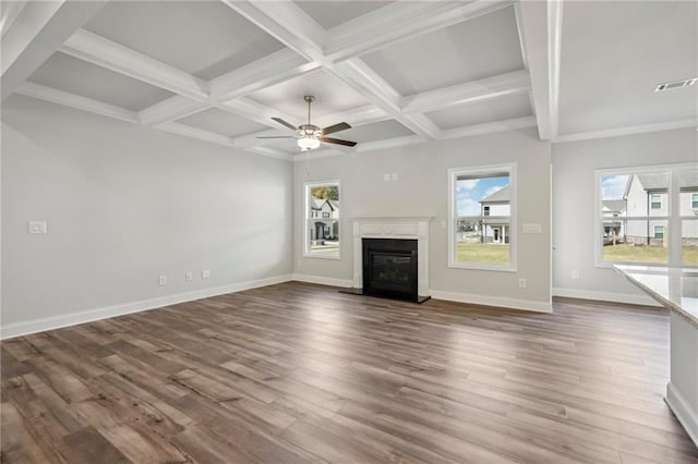 unfurnished living room with dark wood-type flooring, ceiling fan, coffered ceiling, and beamed ceiling