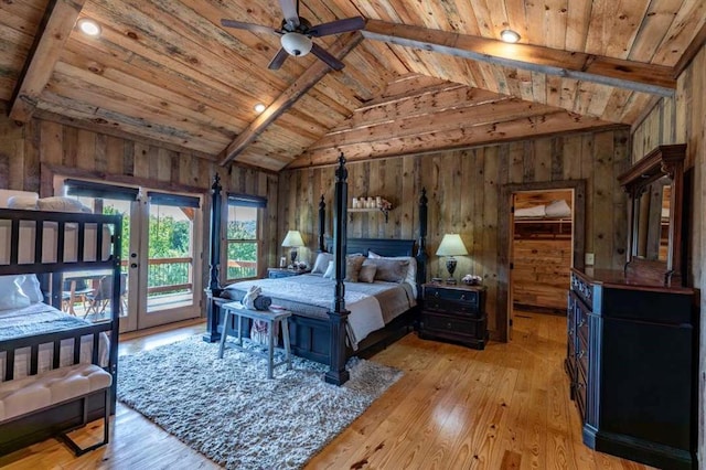 bedroom featuring vaulted ceiling with beams, light hardwood / wood-style floors, wooden ceiling, and wooden walls