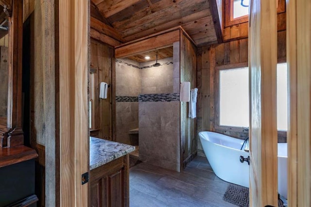 bathroom featuring plenty of natural light, wooden ceiling, independent shower and bath, and vaulted ceiling