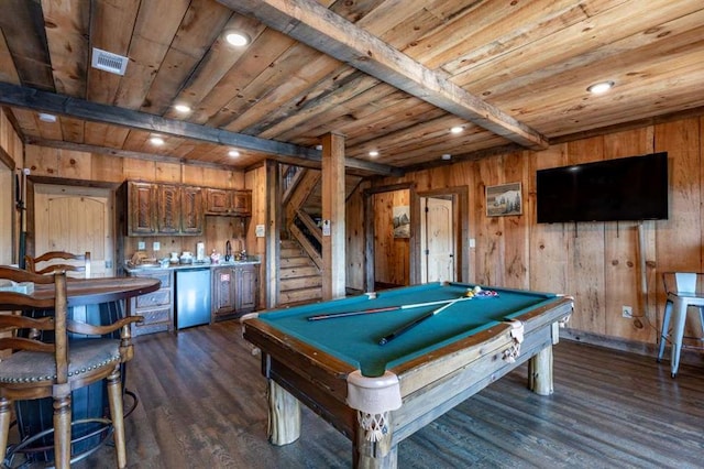 recreation room featuring wooden ceiling, wooden walls, billiards, dark hardwood / wood-style floors, and beam ceiling