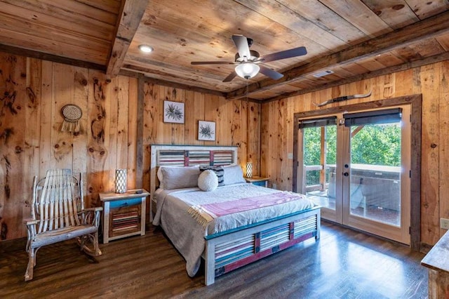 bedroom featuring access to exterior, french doors, wooden ceiling, dark hardwood / wood-style flooring, and beamed ceiling