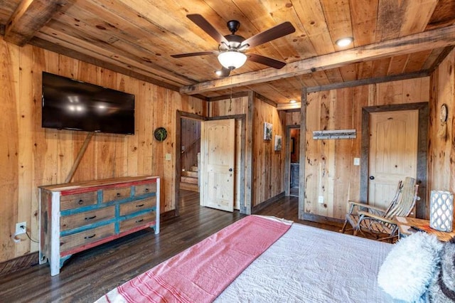 bedroom with wood ceiling, wooden walls, beamed ceiling, and dark wood-type flooring