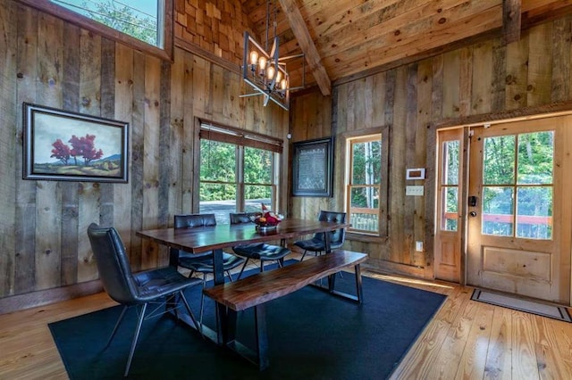 dining room featuring a chandelier, beam ceiling, a healthy amount of sunlight, and wood-type flooring