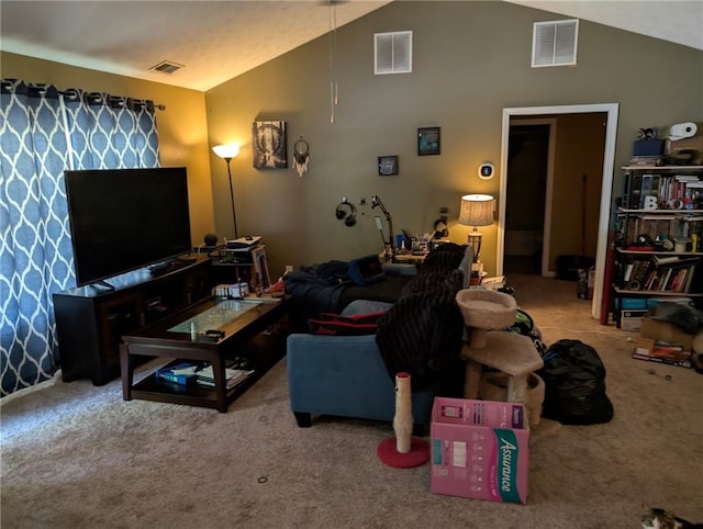 living room featuring carpet floors, vaulted ceiling, and visible vents
