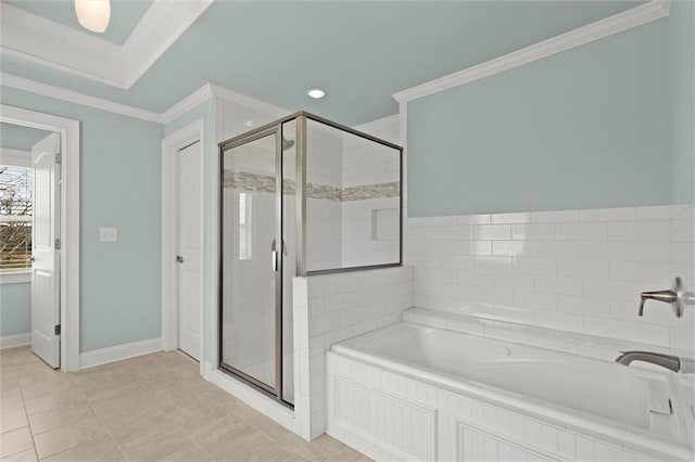 bathroom featuring a shower stall, a bath, crown molding, baseboards, and recessed lighting