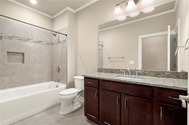 full bathroom featuring toilet, vanity, ornamental molding, and shower / tub combination