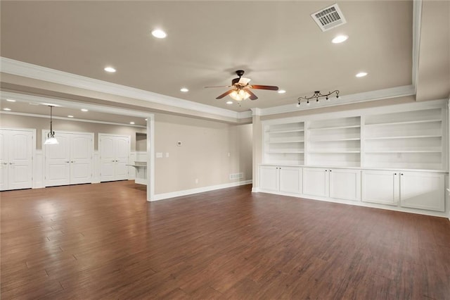 unfurnished living room featuring a ceiling fan, ornamental molding, dark wood-style floors, recessed lighting, and baseboards