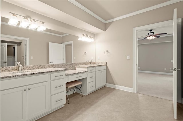full bathroom with crown molding, vanity, ceiling fan, baseboards, and tile patterned floors