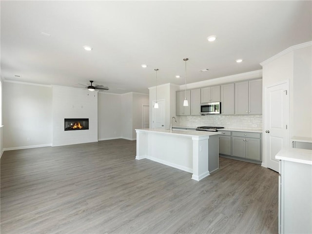 246 W Midland Ave, Winder, GA 30680 - kitchen featuring appliances with stainless steel finishes, gray cabinets, crown molding, ceiling fan, and decorative backsplash