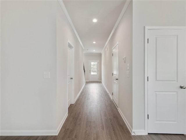 246 W Midland Ave, Winder, GA 30680 - hallway with ornamental molding, baseboards, wood finished floors, and recessed lighting