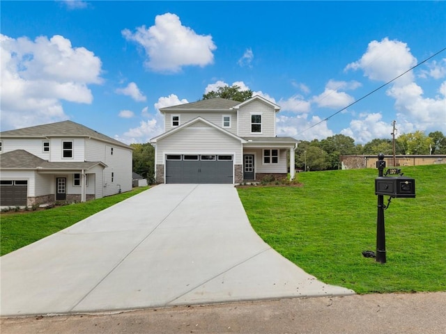 246 W Midland Ave, Winder, GA 30680 - view of front of property with stone siding, concrete driveway, a garage, a front yard, and a porch