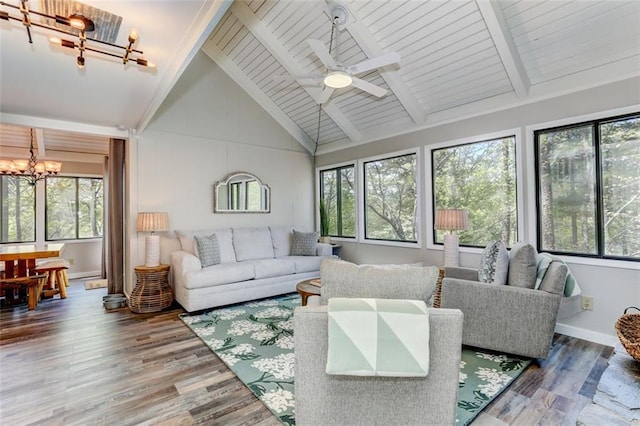 125 Wolfscratch Dr, Big Canoe, GA 30143 - living area with a chandelier, ceiling fan, wood finished floors, beamed ceiling, and high vaulted ceiling