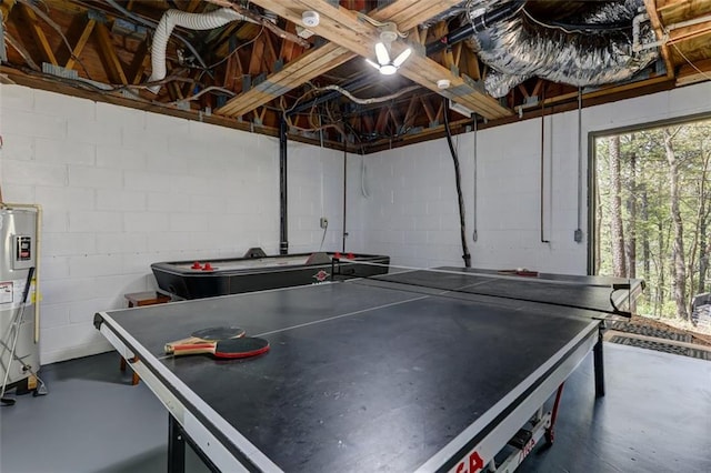 125 Wolfscratch Dr, Big Canoe, GA 30143 - game room featuring concrete flooring, water heater, and concrete block wall