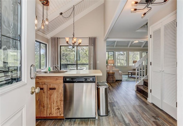 125 Wolfscratch Dr, Big Canoe, GA 30143 - kitchen with stainless steel dishwasher, a chandelier, dark wood finished floors, decorative light fixtures, and wooden ceiling