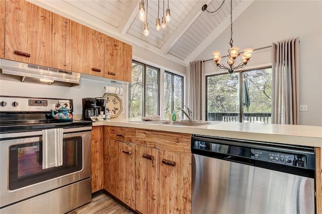 125 Wolfscratch Dr, Big Canoe, GA 30143 - kitchen with appliances with stainless steel finishes, under cabinet range hood, light countertops, a chandelier, and wood ceiling