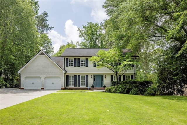 3707 Dunwoody Club Dr, Atlanta, GA 30350 - colonial inspired home with concrete driveway, a front lawn, and a garage
