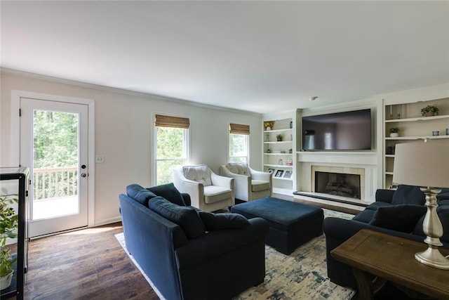 3707 Dunwoody Club Dr, Atlanta, GA 30350 - living room with wood finished floors, a fireplace with raised hearth, crown molding, and built in features