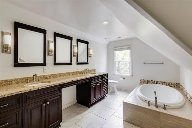 3707 Dunwoody Club Dr, Atlanta, GA 30350 - full bathroom with double vanity, lofted ceiling, toilet, a bath, and baseboards
