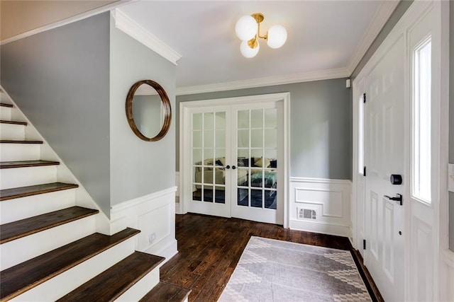 3707 Dunwoody Club Dr, Atlanta, GA 30350 - foyer with french doors, stairs, hardwood / wood-style floors, a wainscoted wall, and a decorative wall