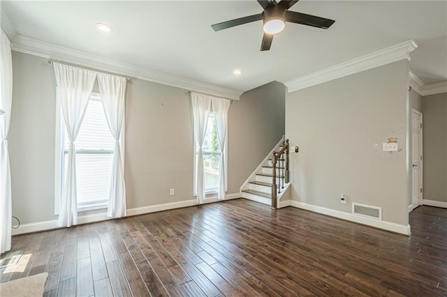 875 Soaring Cir, Marietta, GA 30062 - unfurnished living room featuring stairs, ornamental molding, ceiling fan, dark wood-type flooring, and recessed lighting