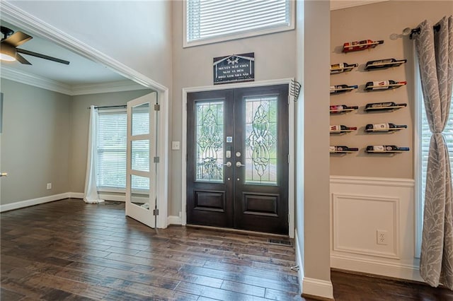 875 Soaring Cir, Marietta, GA 30062 - foyer with ornamental molding, french doors, dark wood finished floors, and ceiling fan