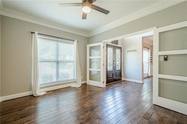 875 Soaring Cir, Marietta, GA 30062 - unfurnished room featuring french doors, dark wood finished floors, ornamental molding, and a ceiling fan