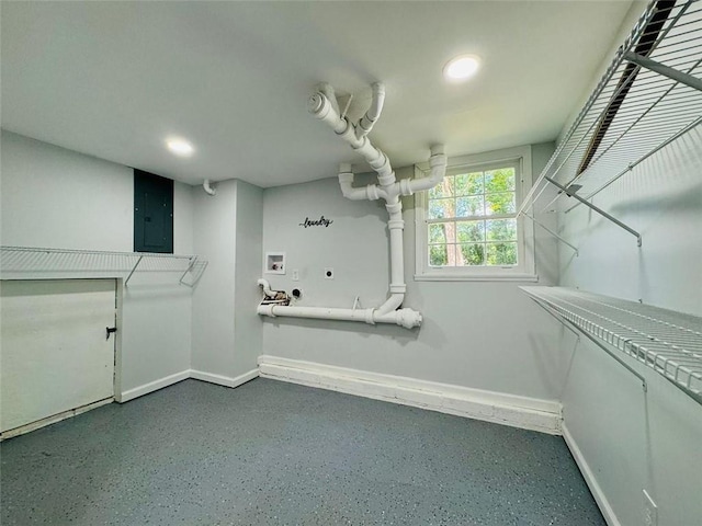 3210 Ebenezer Rd, Marietta, GA 30066 - laundry room with electric dryer hookup, hookup for a washing machine, electric panel, baseboards, and recessed lighting